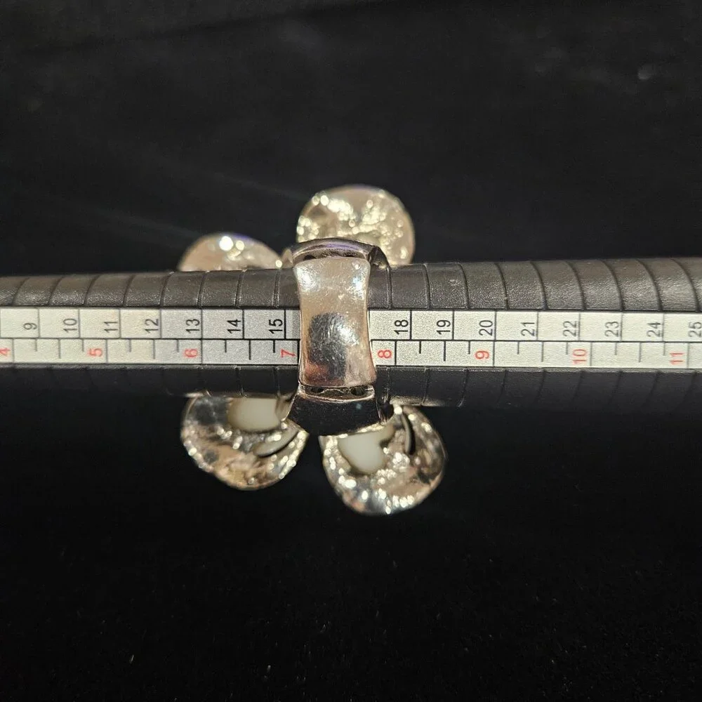 Large Faux Pearl Rhinestone Silver Tone Flower Stretch Band Fashion Ring